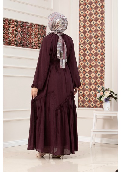Sevitli Eteği Büzgü Detaylı Mira Tesettür Elbise-mürdüm-5735