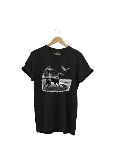 Avcılık Temalı Kuş Avı Ve Av Köpeği Baskılı %100 Pamuk Regular Fit Siyah T-shirt Siyah