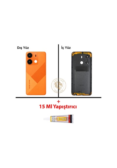 Tecno Spark Go 2021 Turuncu Uyumlu Lensli Arka Kapak + B7000 Yapıştırıcı Arka Cam Batarya Pil Kapağı Diğer