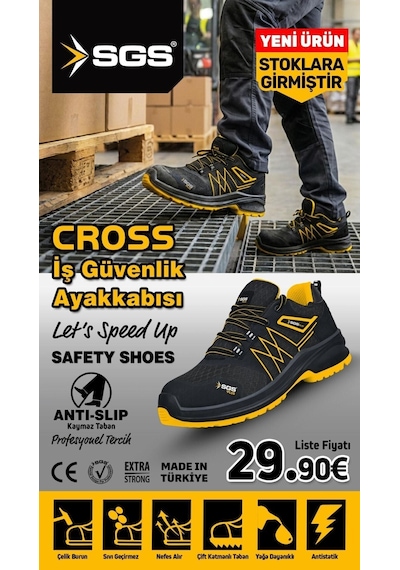 Sgs2947 - No:47 Cross S1 Çelik Burunlu Spor İş Ayakkabısı - Ergonomik - Antistatik - Su Geçirmez - Nefes Alır Siyah