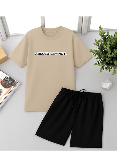 Uyguntarz Unisex Kesinlikle Hayır. Tasarım Basklı Tshirt Şort Takımı Bej