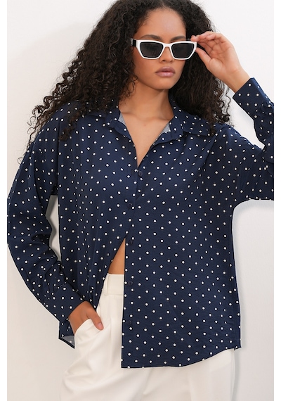 Bigdart Kadın Oversize Puantiyeli Gömlek 20392 - Lacivert Lacıvert