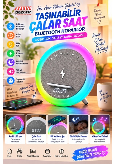 Taşınabilir Çalar Saat Bluetooth Hoparlör 15w Kablosuz Şarj Led Işık, Beyaz Gürültü Uyku Yardımı, Müzik Çalar, Dijital Alarm Saat, Rgb Gece Lambası Taşınabilir Çalar Saat Bluetooth Hoparlör 15w Kablosuz Şarj Led Işık, Beyaz Gürültü Uyku Yardımı, Müzik Çalar, Dijital Alarm Saat, Rgb Gece Lambası