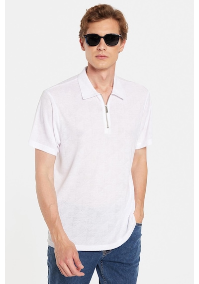 Tudors Erkek Slim Fit Dar Kesim Viskon Fermuarlı Polo Yaka Beyaz Tişört-34357 Beyaz
