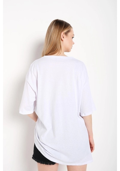Startmore Kadın Beyaz Happıness Baskılı Oversize Tshirt Beyaz