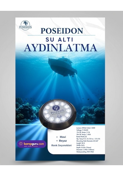 Poseidon Yeni 12 Ledli Mavi 12 Volt - 24 Volt, 40 Watt Led Su Altı Aydınlatma
