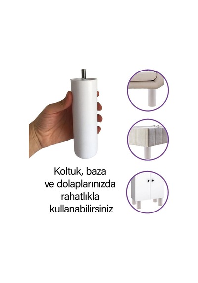 4 Adet Destek Ayağı 15 Cm Beyaz Ve 4 Adet Düz Ayak Tabanı M8 Civatalı İnce Diş Mobilya Kanepe Baza S