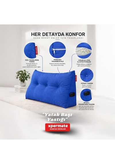 Yatak Başı Yastığı Sırt ve Bel Destek Yastığı 120 CM Yaslanma ve Dinlenme Yastığı Mavi