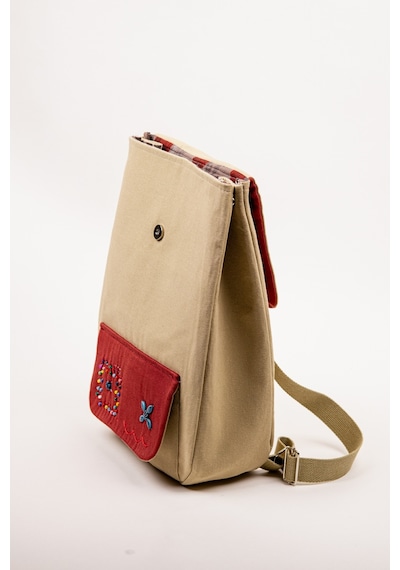 Fabric Craft Bag Sırt Çantası Kumaş Boho Nakışlı Koyu Bej - Bordo
