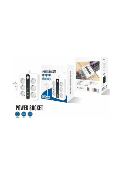 6'lı Grup Priz 4xusb 2xtype-c Çıkışlı Isıya Dayanıklı Power Tuşlu 2 Mt Kablolu Priz Çoğaltıcı 2 M
