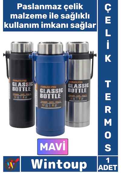 Termos Yalıtımlı Sızdırmaz Sağlam Kamp Outdoor Soğuk Sıcak Taşıma Kulplu Çelik Termos 800 Ml Mavi Çok Renkli
