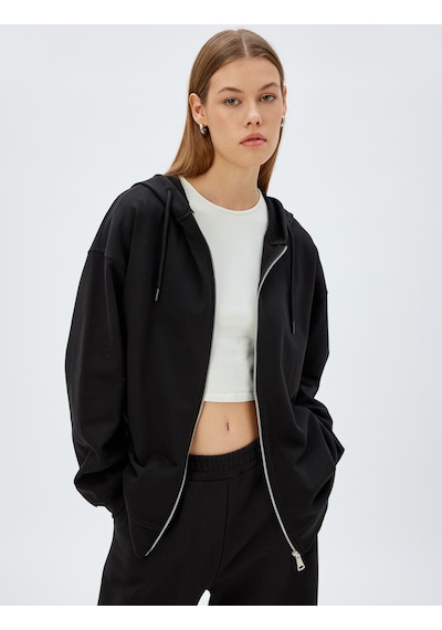 Koton Fermuarlı Kapşonlu Sweatshirt Uzun Kollu Üç İplik Pamuklu Siyah 5wak10225ek Siyah
