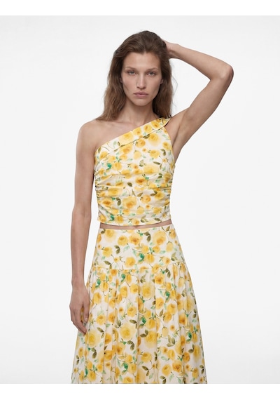 Koton Pamuklu Tek Omuz Çiçekli Poplin Crop Bluz Sarı Desenli 6sak30102ew