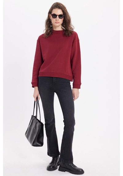 Tudors Kadın Oversize Geniş Kesim Pamuklu Bisiklet Yaka Bordo Sweatshirt-39928 Bordo