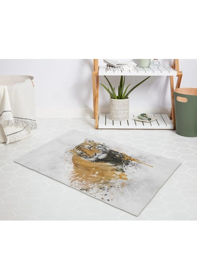 Banyo Halısı Dijital Baskılı Banyo Paspası 50x80 Polyester Kaymaz Tabanlı Duş Paspası Tiger Beyaz