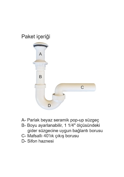 Dallmer Koku Önleyici Lavabo Sifonu Beyaz Seramik Pop-up Süzgeçli Kolay Uygulanır 40'Lık Çıkış Borulu