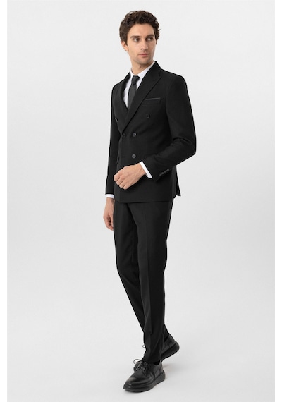 Süvari Siyah Slim Fit Armürlü Sivri Yaka 6 Drop Klasik Takım Elbise-35522 Siyah