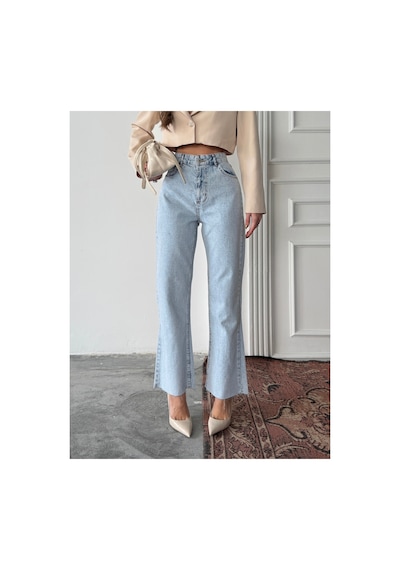 Blue Marlın Yüksek Bel Tam Kalıp Paça Kesik Boru Paça Jeans Mavi