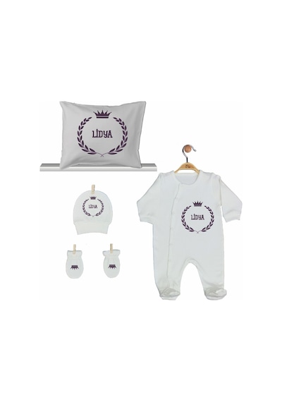 Pia Baby Gl 2006 İsme Özel Taçlı Beşli Tulum Set Krem