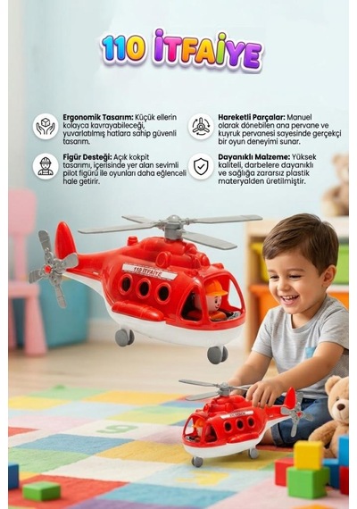 Fileli Figürlü İtfaiye Temalı Helikopter Tekerlekli Döndürülebilir Pervaneli Oyuncak Hava Taşıtı