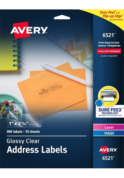 Lazer Ve Mürekkep Püskürtmeli Yazıcılar İçin 6521 Parlak Kristal Netliğinde Adres Etiketleri, 1 "x 2-5/8", 300 Etiket Diğer