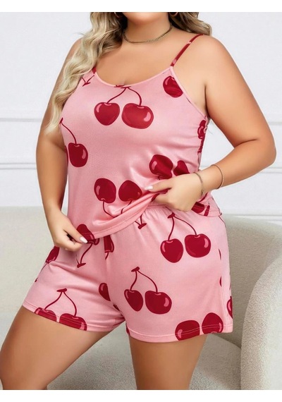 L'ombre Büyük Beden Pembe Kiraz Desen İnce Askılı Pamuklu Şortlu Pijama Takımı