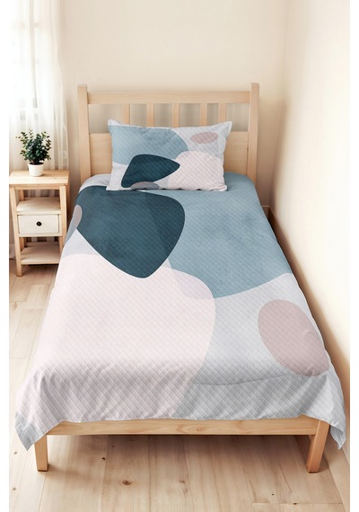 Mavi Geometrik Modern Genç Odası Tek Kişilik Pike Takımı-pudra Gri 160x220 Cm Kapitone Yatak Örtüsü Krem