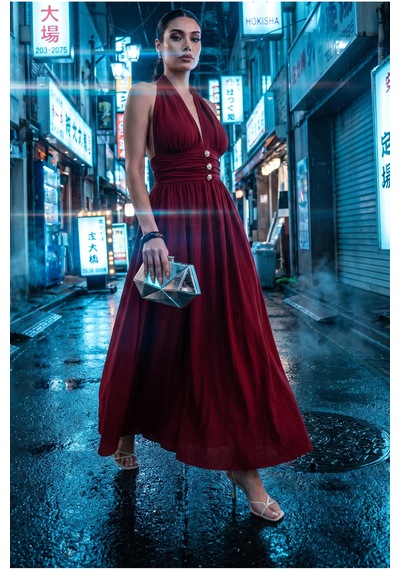 Fashion Cocktail Belinde Altın 3 Düğmeli Derin V Yakalı Kum Saati Silüetli Büzgülü Bel Lastikli Boyundan Bağlamalı Sırt Dekolte Davet Kokteyl Elbise Bordo Fashion Cocktail Belinde Altın 3 Düğmeli Derin V Yakalı Kum Saati Silüetli Büzgülü Bel Lastikli Boyundan Bağlamalı Sırt Dekolte Davet Kokteyl Elbise Bordo