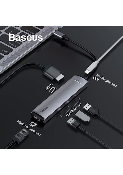 Baseus Usb Type C 6In1 Hdmı 3X Usb 3.0 Rj45 Çoğaltıcı Adaptör