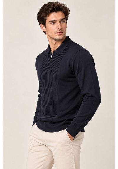 Cool Tarz Erkek Polo Yaka Yarım Fermuarlı Önü Fitilli Slim Fit Akrilik Pamuk Triko Kazak Lacivert Lacivert Cool Tarz Erkek Polo Yaka Yarım Fermuarlı Önü Fitilli Slim Fit Akrilik Pamuk Triko Kazak Lacivert Lacivert