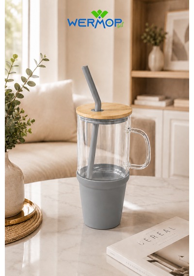 1000 Ml Cam Big Mug Bambu Kapaklı Çelik Pipetli Büyük Boy Kupa Termos Mor Antrasit