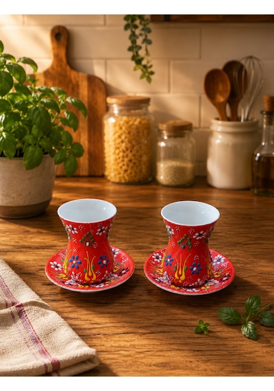El İşlemeli Çiçek Desenli 2li Çay Bardağı Takımı Kırmızı