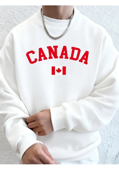 Startmore Tarzsokak Kanada Baskılı Bayraklı Erkek Kapüşonlu Üstleri Sonbahar Bol Sweatshirt Hip Hop Yuvarlak Yaka Beyaz