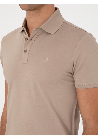 Koyu Bej Slim Fit Polo Yaka Pamuklu Basic T-shirt