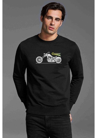 Chopper Baskılı Siyah Erkek Örme Sweatshirt