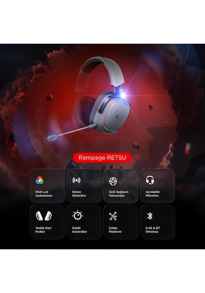 Retsu Kablosuz Oyuncu Kulaklığı, 2.4g + Bluetooth 5.3, 50 Mm Sürücü, Rgb Aydınlatma, Mikrofonlu, Protein Deri Ve Kumaş Earpad, Pc/ps4/ps5/mobil Beyaz/gri