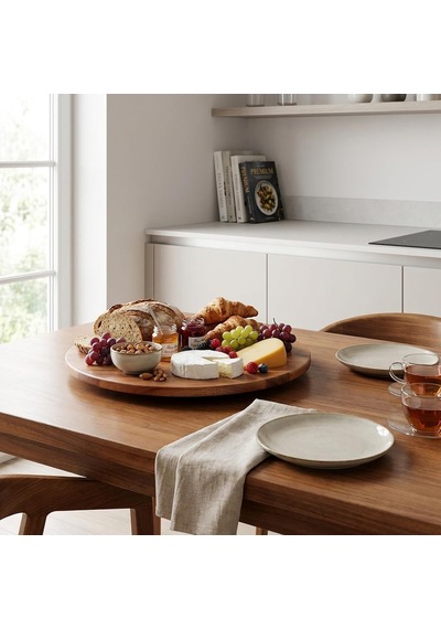 34 Cm Dönerli Akasya Sunum Tepsisi, 360 Derece Dönen Yuvarlak Ahşap Servis Tabağı, Kahvaltı, Peynir, Meyve, Pasta Ve İkram Sunumu İçin Doğal Görünümlü Tepsi Çok Renkli