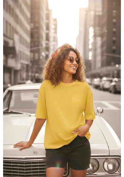 Mily Kadın Oversize Basic Bisiklet Yaka Pamuklu T-shirt Rahat Kesim Unisex Sevgili Kombini Sari