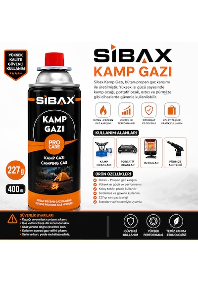 Sibax Kamp Gazı 400 Ml 227 Gr Bütan Propan Tüpü Portatif Ocak Ve Pürmüze Uygundur Turuncu