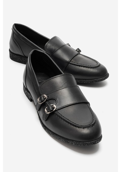 Luvi Shoes Daly Siyah Cilt Hakiki Deri Tokalı Kadın Loafer Ayakkabı