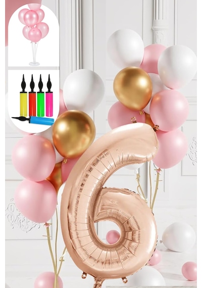 6 Yaş Balon Standlı Ve Pompalı Retro Gold Pembe Beyaz Balon Seti Rose Gold Rakamlı Süsleme Çok Renkli