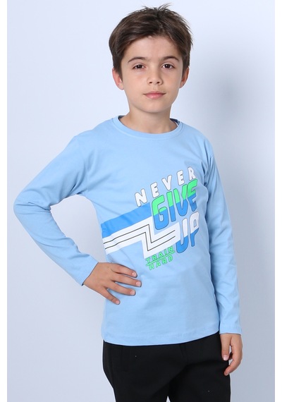 Hçm Erkek Çocuk Uzun Kollu Tshirt Never Give Up Baskılı Bisiklet Yaka D10 Açık Mavi
