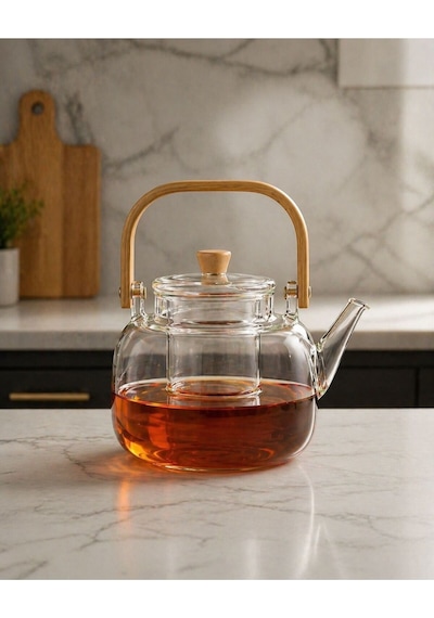 Bambu Kapaklı Kulplu 1000 Ml Borosilikat Çıkarılabilir Süzgeçli Cam Demlik Diğer