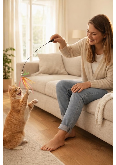 Kedi Oltası Oyuncağı Tüylü Renkli İnteraktif Kedi Oyuncak Çubuğu Zilli Esnek Uzun Saplı Av Oyunu Aparatı Enerj