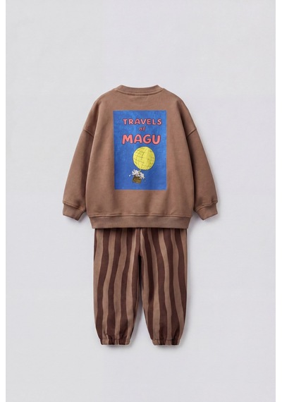 Çocuk Pamuklu Magu And Travel Desenli Kahverengi Sweatshirt Ve Çizgili Eşofman Takımı