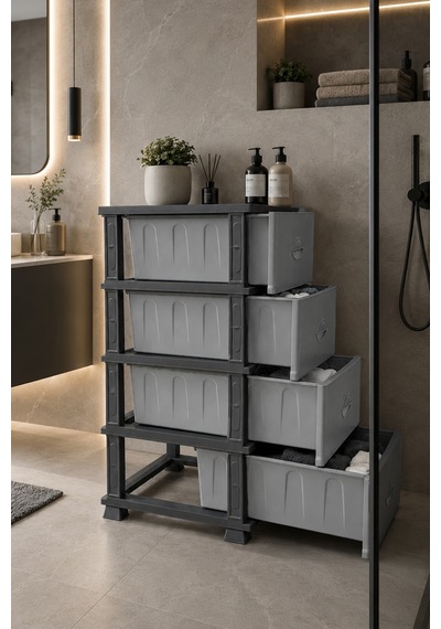 Porsima 0704-1 4 Katlı Still Komodin Antrasit/gri Çekmeceli Sebzelik-oyuncak Sepeti-çok Amaçlı Plastik Organizer