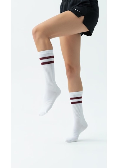 Plus Scorpion Unisex Beyaz Tenis Çorabı Çizgili, Pamuklu Uzun Spor Çorabı