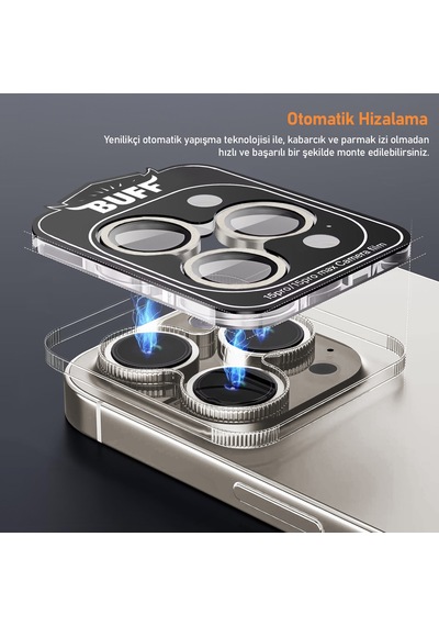 Buff Apple Uyumlu iPhone 15 Pro Max / 15 Pro Titanyum Kamera Lens Koruyucu Gri