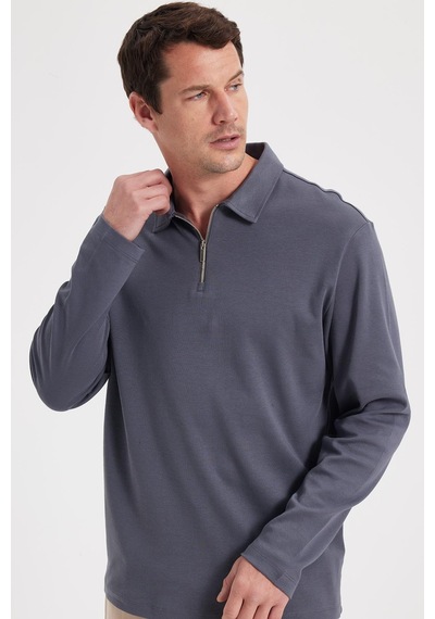 Tudors Erkek Relax Fit Rahat Kesim %100 Pamuk Yarım Fermuarlı Polo Yaka İnterlok Antrasit Sweatshirt-42172 Antrasit