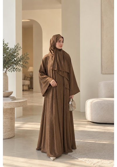 Şakika Kadın Shine Abaya Ferace & Şal - Standart Beden & Farklı Boy Kahverengi